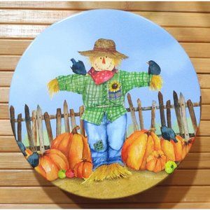 Scarecrow Pumpkin 7" Round Tin Can Container Barb Tourtillotte Illustrated Used